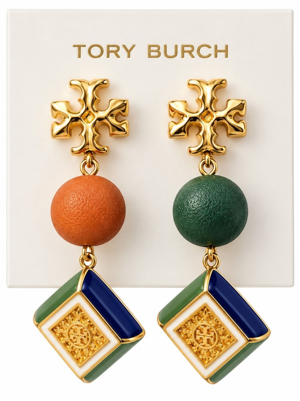 Tory Burch Gold-Tone Drop Earrings with Green, Orange, Navy & Cream Enamel